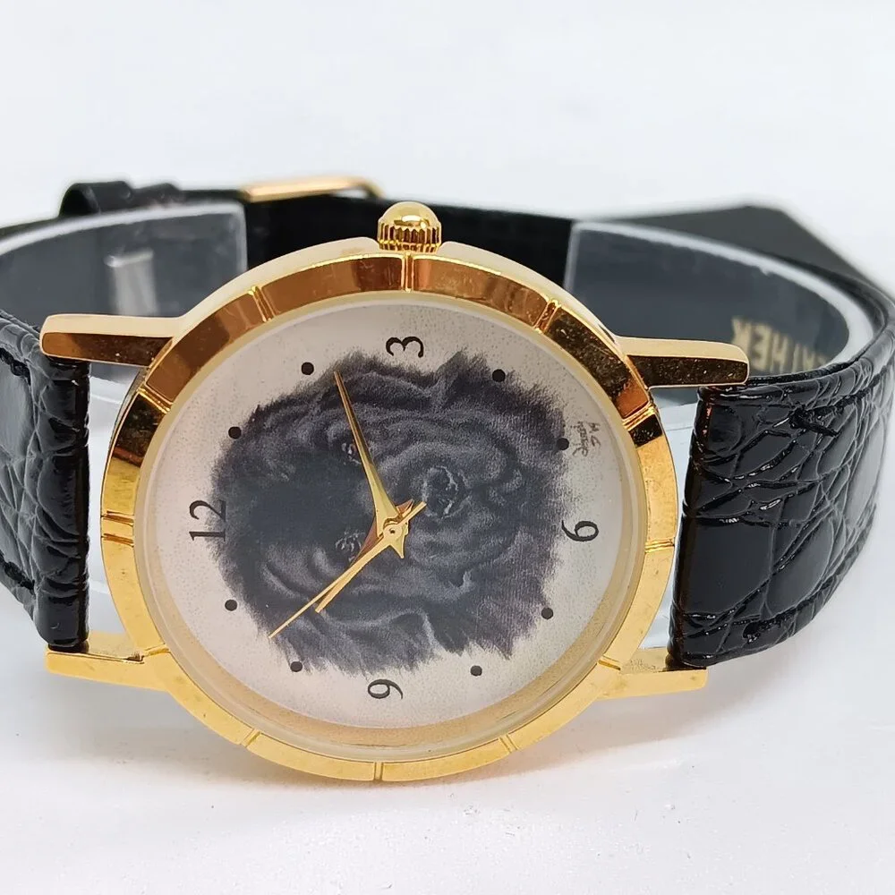 Newfoundland Dog 33mm Women's Gold Tone Black Leather Band Watch NWT